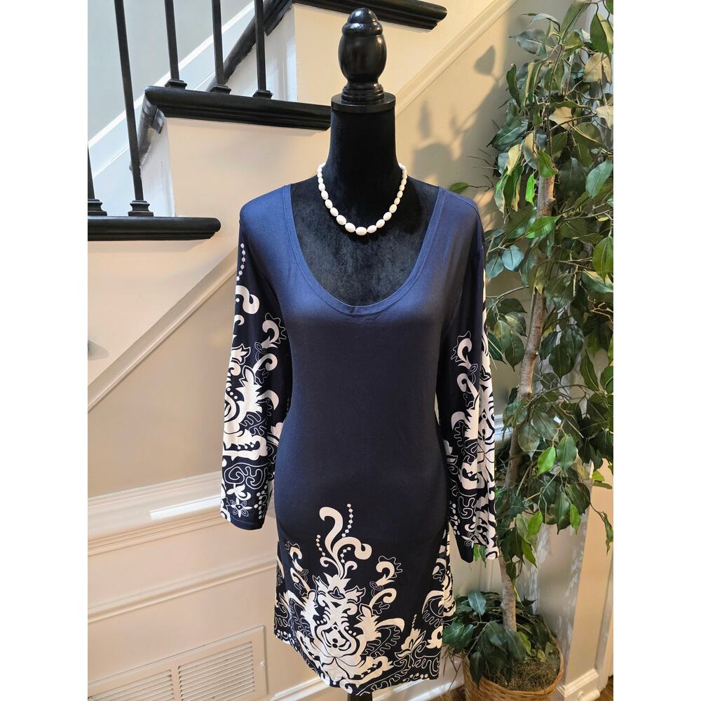 White Mark Yanette Tunic Top 2XL Navy White Stretch Flirty Scoop Drop Shoulder